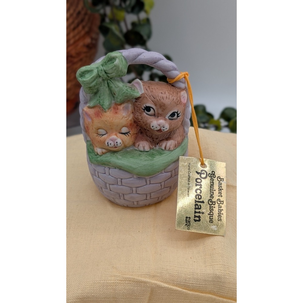 Vintage Enesco Basket Babies Porcelain Bell – Kittens in Basket – Genuine Bisque